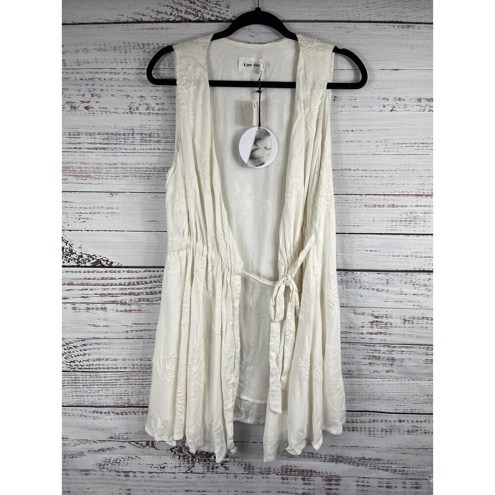 Line Dot Vest Women's SZ L White Embroidered Sleeveless Lined Boho Tie Waist